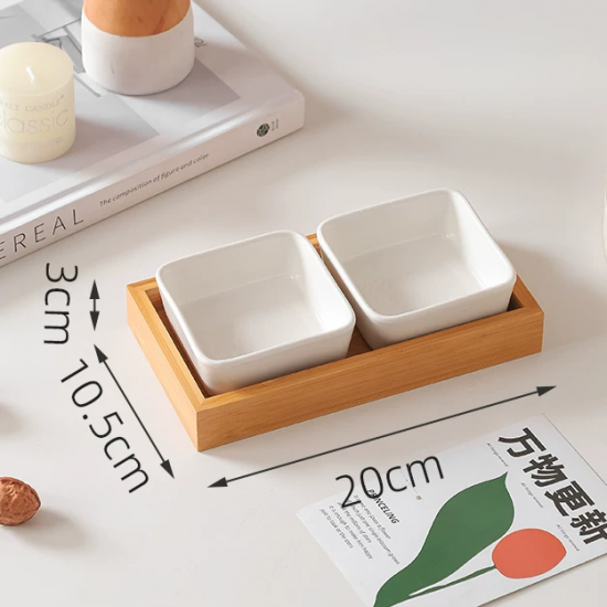 Wood and Porcelain Two-Piece Serving Set